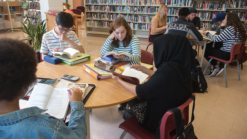 Students in school library
