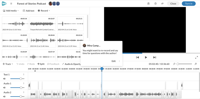 WeVideo timeline with feedback
