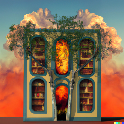 AI Rendering: library with trees inside it, burning in the style of Dali