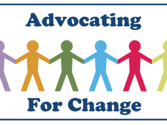 Feature image for the article "Advocating for Change" by Lila Armstrong. Features cut out paper people in a chain to symbolize teamwork.