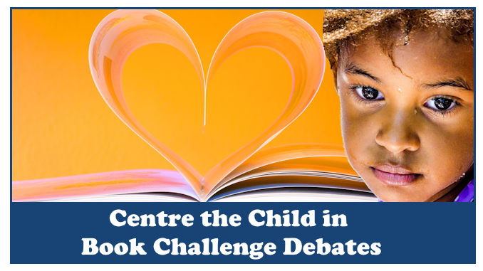 Feature Image for the article "Centering the Child in Book Challenge Debates" by Lila Armstrong. Features a young black girl and a book whose pages have been turned up into a heart.
