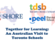 Feature Image for the article "Together for Learning: An Australian Visit to Toronto Schools". It features the logos for the Shore District in Australia atop an outline of Australia and the logos for Toronto District School Board and Peel District School Board over an outline of Canada.