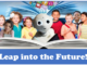 Feature Image for the article "Leap Into the Future" by Charlene Peterson. Image shows children with an AI Robot standing in front of a book while various internet logos float above them.