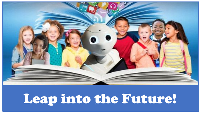 Feature Image for the article "Leap Into the Future" by Charlene Peterson. Image shows children with an AI Robot standing in front of a book while various internet logos float above them.